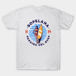 Vintage Sopelana, Spain Surfer's Paradise // Retro Surfing 1980s Badge B T-Shirt